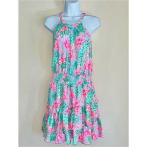 Lilly Pulitzer Pamelyn Ruffle Halter Dress Surf Blue So Shellegant EC Pk/Bl SZ 4